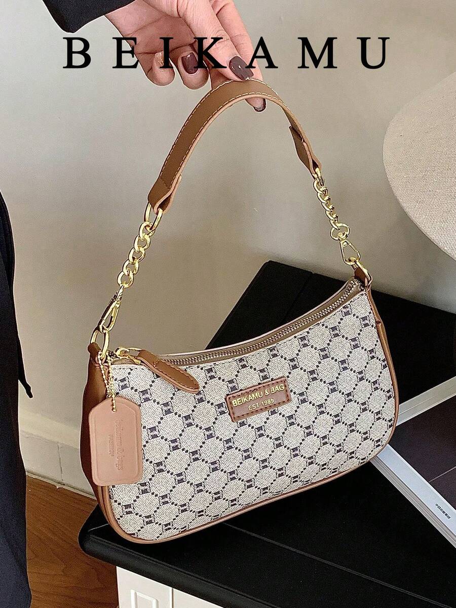1 pieza Bolso de hombro de unicolor de PU para mujer, bolso de mano para uso diario y trabajo, versátil, con correa ajustable, bolso cruzado - Caqui - Ver 1