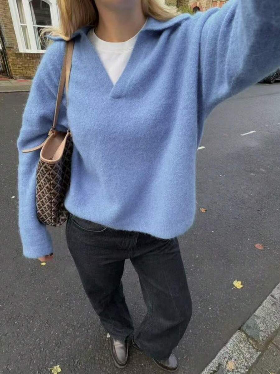 EAVA Blue POLO Collar Knit Sweater Loose Slouchy V-Neck Slimming Versatile Autumn/Winter Knitwear - Blue - View 1