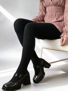 Medias de punto con textura acanalada vertical negra, cintura alta, alta elasticidad, efecto adelgazante, resistentes a enganches, versátiles para zapatos Mary Jane vintage, unicolor para primavera/otoño - Negro - Ver 1