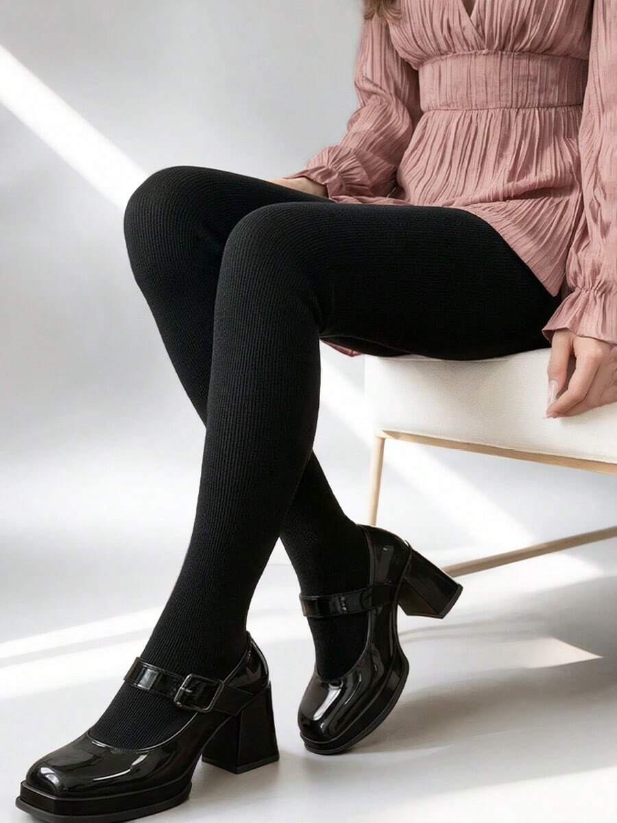 Medias de punto con textura acanalada vertical negra, cintura alta, alta elasticidad, efecto adelgazante, resistentes a enganches, versátiles para zapatos Mary Jane vintage, unicolor para primavera/otoño - Negro - Ver 1