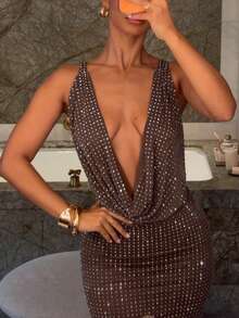DOUCIU Women's Sexy Spaghetti Strap Sleeveless Backless Deep V-Neck Knit Fabric Slim Fit Maxi Dress - Brown - View 2