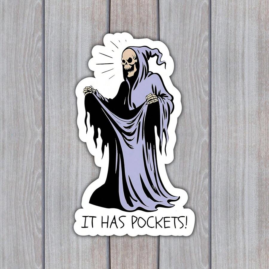3-Inch Grim Reaper Pocket Sticker, Sarcastic Halloween Slogan, Eerie Aesthetic Sticker, Stationery Scrapbook Accessory, Laptop, Water Bottle, Notebook, Planner, Journal, Locker Decoration, Suitable For Friends, Colleagues, Creative People - A - View 1