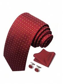AlanKing 1 Set de Corbata, Pañuelo de Bolsillo y Gemelos con Lunares Rojos para Hombres, 8 Cm, Adecuado para Vacaciones, Bodas, Trabajo - Rojo - Ver 2