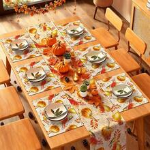 Camino de mesa, mantel individual y mantel de otoño para el Festival de Cosecha de Acción de Gracias, diseño vintage de hoja de arce y calabaza, adecuado para comedor del hogar y restaurante, decoración de mesa, mantel de decoración del hogar, suministros para fiestas interiores y exteriores, decoración de habitación, regalo festivo - Multicolor - Ver 4