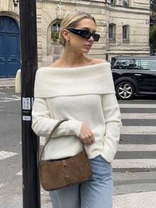 2026 Women's Autumn/Winter New Slouchy Sweater High-End Knit Off-Shoulder Top - White - View 1