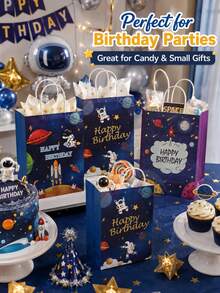 4 piezas Bolsas de regalo de papel con estampado de astronauta y planeta con asas, bolsas de recuerdos de fiesta con tema de galaxia y espacio exterior, bolsas de embalaje de regalo de feliz cumpleaños, adecuadas para dulces y aperitivos, suministros de decoración de fiesta temática - Multicolor - Ver 4