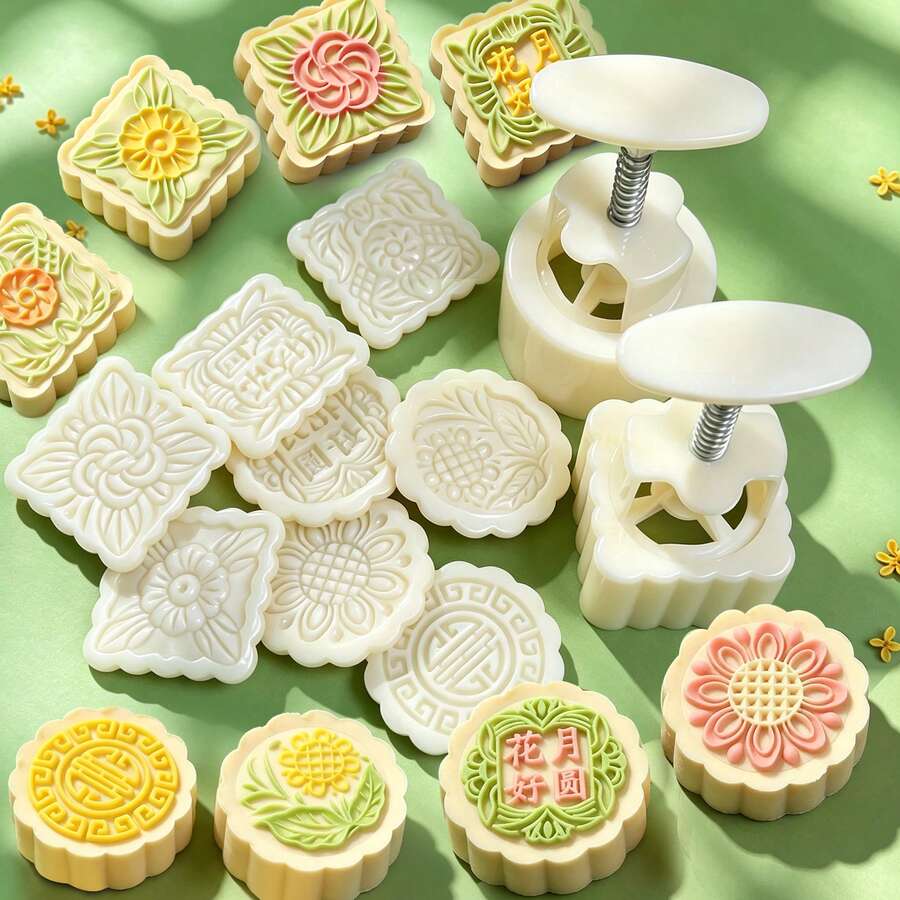 1 Set 100g Mooncake Mold Set, Square And Round Printed Molds, Mid-Autumn Festival Holiday DIY Dessert Pastry Molds, Cookie Baking Tools, Food Shaping Molds - View 1