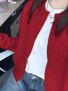 Women's Casual Slimming Round Neck Double Zipper Knit Cardigan Short Jacket, Autumn/Winter - Red - View 5