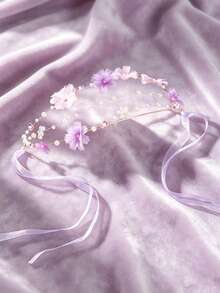 1件高級精緻奢華絲綢雪紡花卉髮箍，珍珠新娘婚禮飾品，公主仙女風新娘清新髮飾附髮帶 - 多色 - 查看 8