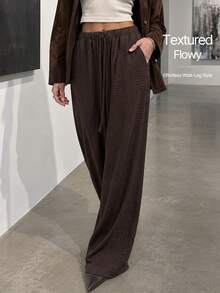Women's Elegant Textured Wide Leg Pants, With Drawstring And Pockets, Fashionable Flowy Polyester Pants, Slightly Elastic - Brown - View 2
