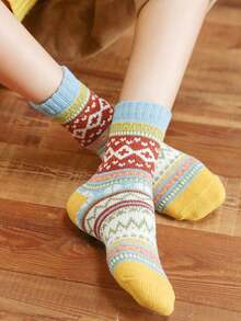 5pairs/1pair Women's Warm Mid-Calf Socks, Vintage Thick Knit Socks - Multicolor - View 7