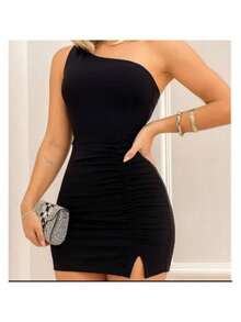 Women's Short Bodycon Dress With One-Shoulder Neckline And Pleated Tank Top - Negro - Ver 2