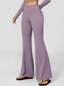 KyrLssu Women High Waist Solid Flare Yoga Pants, Tummy Control Stretch Slim Bootcut Workout Bell Bottom Trousers - Lilac Purple - View 5