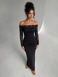 Gaun Pesta Bodycon Lengan Panjang Berpotongan Pas Badan dengan Lipatan dan Bahu Terbuka, Motif Renda Elegan - Hitam - View 2