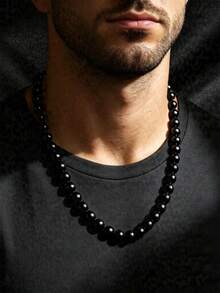 1pc White Fashionable Faux Pearl Beaded Necklace For Men's Daily Wear - Black - View 1