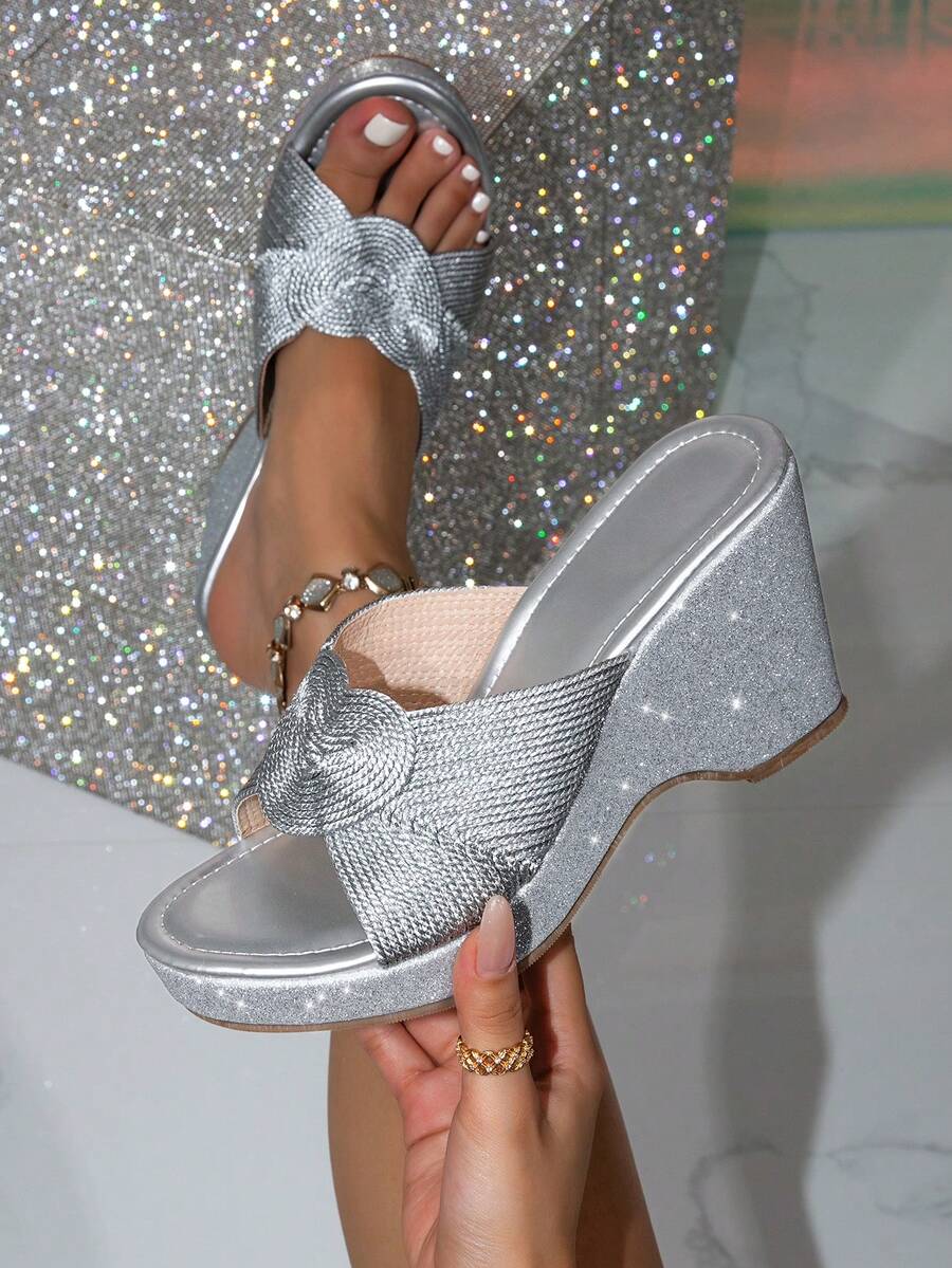 Women's Outdoor Rope Woven Sandals, Vintage Vacation Style, Summer Non-Slip Champagne Color Wedge Heel Thick Sole Sandals - Silver - View 1