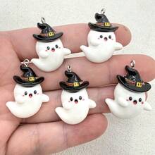 6 piezas de colgantes de fantasma con sombrero negro de resina para Halloween, adecuados para la fabricación de joyas DIY, perfectos para accesorios de fiesta, aretes, collares, colgantes de bolso - Colgante de fantasma con sombrero negro - Ver 7