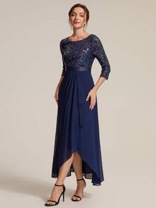 EVERPRETTY Elegant Women's Navy Blue Sequin Midi Dress, Asymmetric Ruffle Hem And Three-Quarter Sleeves, Noble Formal Gown - Navy Blue - View 5