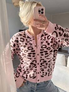 Women's Leopard Print Cardigan Sweater With Button Front, Loose Long Sleeve Knit Top Suitable For Autumn/Winter Outings, Weekends And Holidays - Pink - View 10