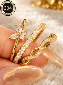 Znice 304 Stainless Steel + Copper 18K Gold Plated Stackable Ring Set, Women's Luxury Sparkling Diamond Ring 3 Pieces Set, Lightweight Butterfly Ring, Hypoallergenic Minimalist Jewelry, Perfect Christmas Gift, Travel & Vacation Accessory - Gold - View 8