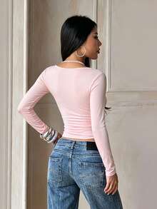 Women's Solid Color Long Sleeve Fitted 2 In 1 Halter Neck T-Shirt - Pink - View 6