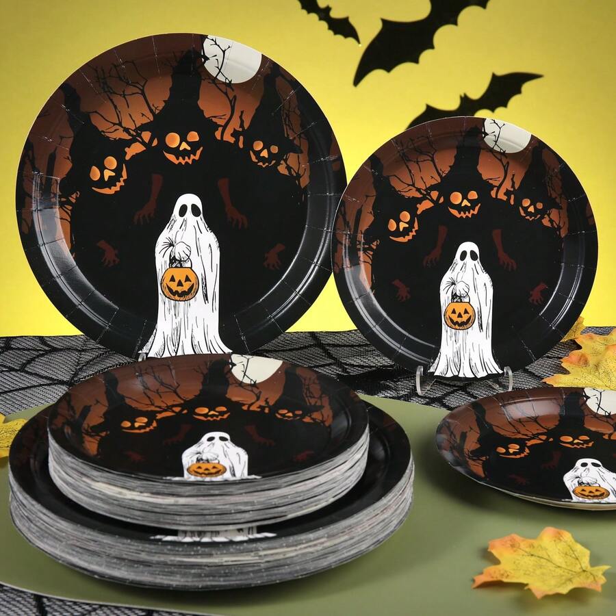 20/30/50-Piece Set Of 7/9 Inch Halloween Disposable Paper Plates, Moon Night Ghost Pumpkin Forest Print, Haunted Tree Bat Design, Vintage Halloween Party Tableware, Party Decor, Dinner Table, Home Gathering - Multicolor - View 1