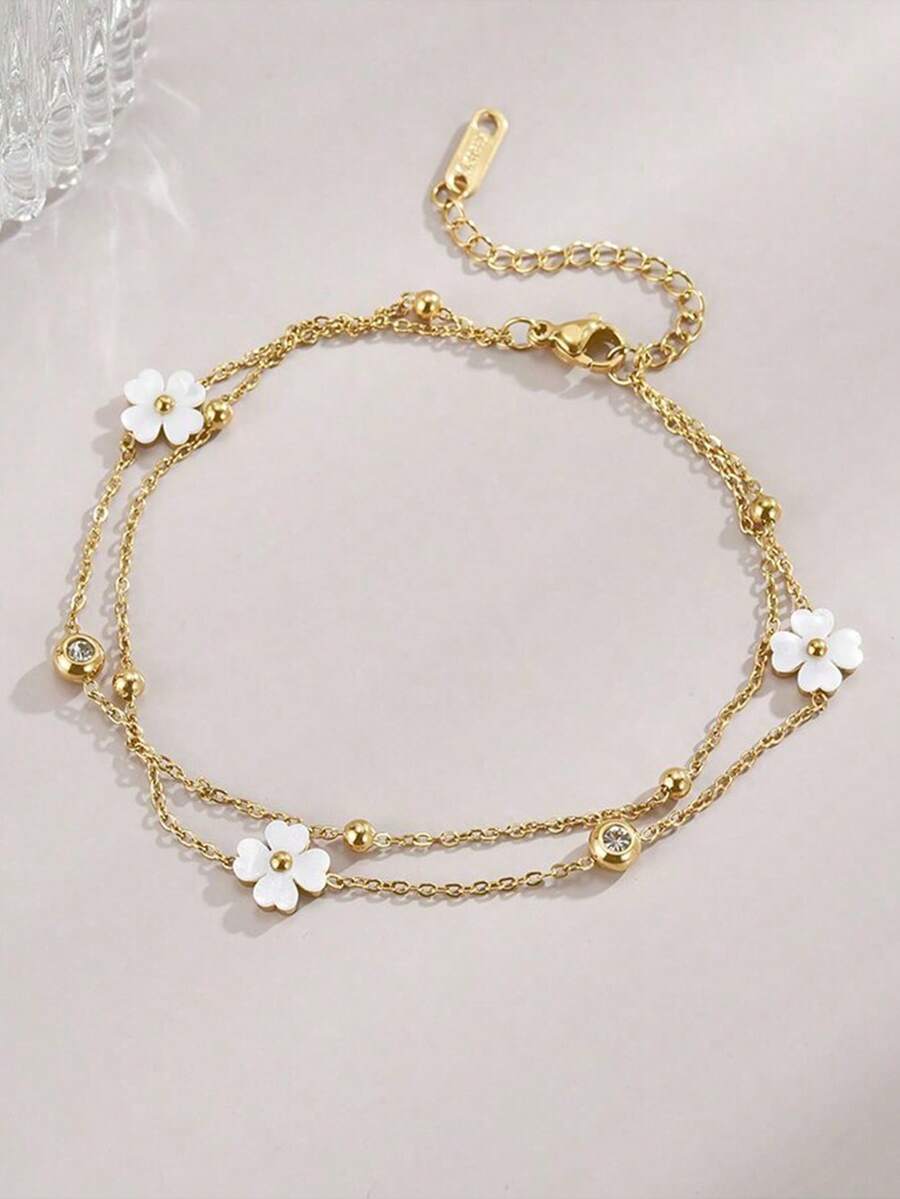 1pc Four-Leaf Flower Natural Shell Stainless Steel Women's Bracelet (Bead Quantity May Vary, Actual Based On Size) - Yellow Gold - View 1