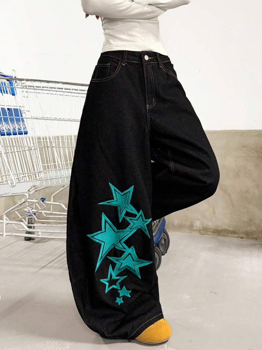 1件日系街頭風女款刺繡弧形下擺寬鬆寬腿牛仔褲,四季休閒款 - 薄荷藍 - 查看 1