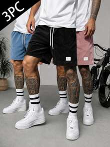 3pcs/Set Men's Spring/Summer Corduroy Casual Shorts, Drawstring Waist Loose Straight 5-Inch Shorts, Multi-Color - Multicolor - View 1