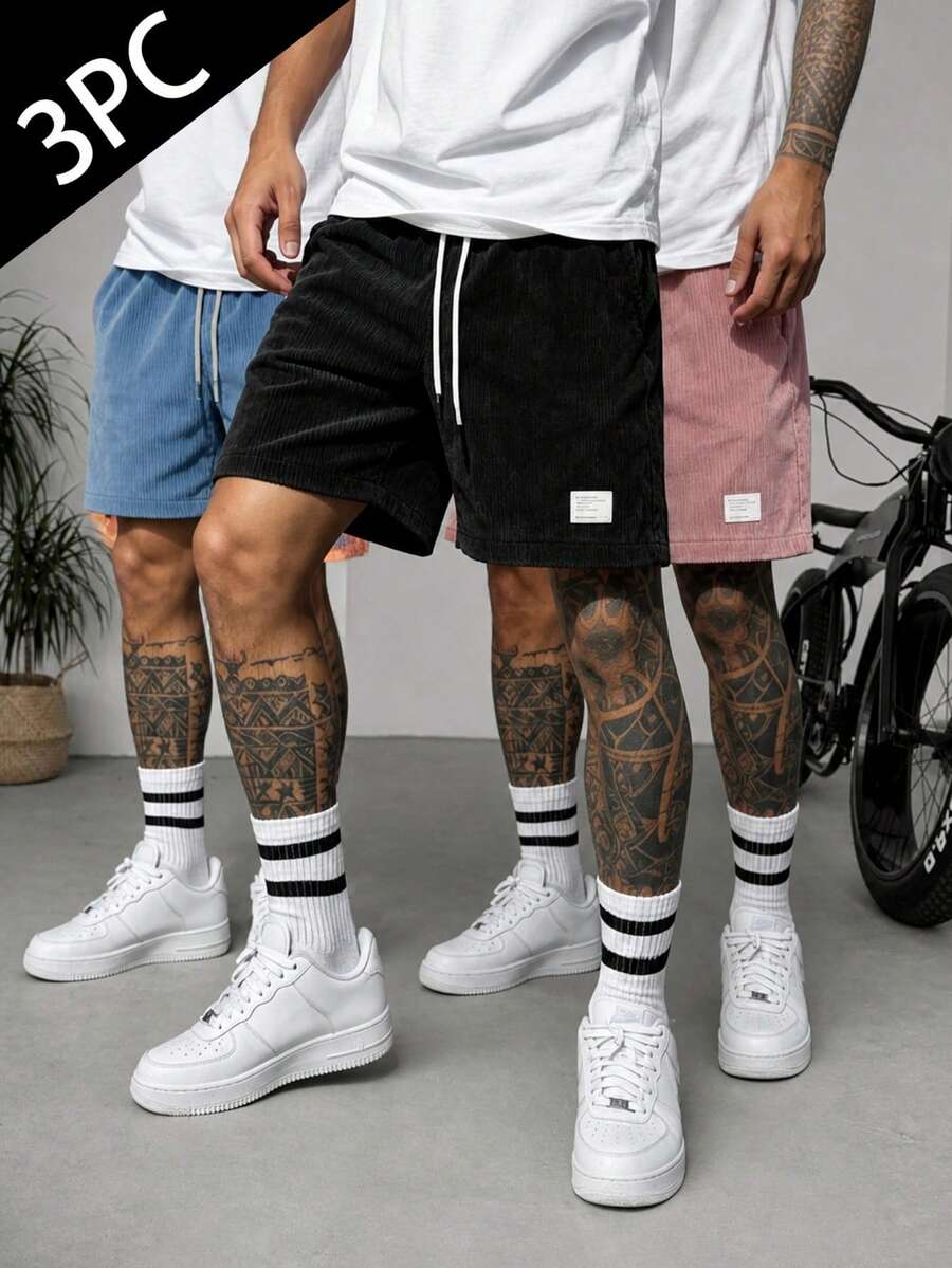 3pcs/Set Men's Spring/Summer Corduroy Casual Shorts, Drawstring Waist Loose Straight 5-Inch Shorts, Multi-Color - Multicolor - View 1