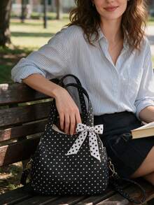 Vintage Star Print Tote Bag Set With Polka Dot Bow, Large Capacity Women Shoulder Handbag With Matching Small Pouch, Multi-Purpose Bag For School Work - Multicolor - View 7