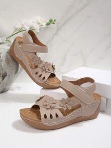 Women's Color Block Platform Sandals, Casual Open Toe Thick Bottom Flat Shoes, Comfortable Beach Slippers - Beige - View 2