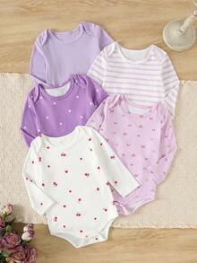 5pcs/Set Infant & Baby Girl Comfortable Cute Casual Long Sleeve Bodysuit Set, Spring/Autumn - Lilac Purple - View 1