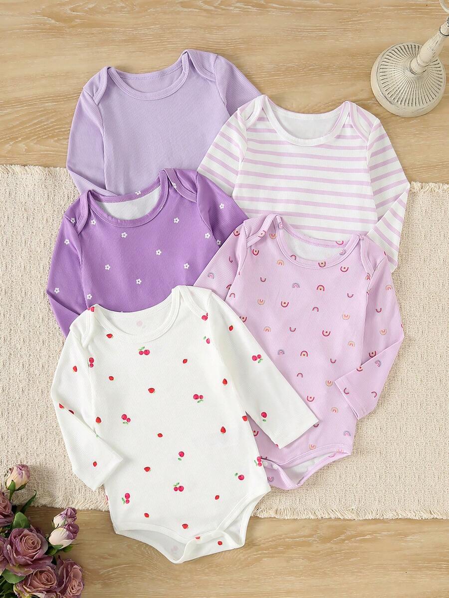 5pcs/Set Infant & Baby Girl Comfortable Cute Casual Long Sleeve Bodysuit Set, Spring/Autumn - Lilac Purple - View 1