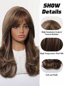 Peruca Feminina de 20 Polegadas com Ondas Médias, Degradê Cinza-Marrom e Prata, com Franja, Fibra Sintética Feita à Máquina, Textura Macia, Estilo em Camadas, Mistura de Cores Natural, Adequada para Passeios Diários, Encontros em Cafés, Fotos Sociais, Adiciona Charme Elegante, Fácil de Usar - Multicolorido - Visão 8
