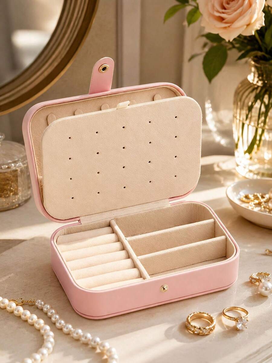 1pc Macaron Color Portable Jewelry Storage Box, Minimalist PU Leather, Snap Closure Design, Multi-Compartment Interior. Can Store Earrings, Rings, Necklaces, Soft Lining Protects Jewelry, Compact And Lightweight, For Home Vanity Organization And Travel Jewelry Storage. - Multicolor - View 1