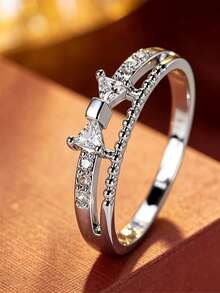 1pc Fashionable Cute Double Bow Hollow Ring, Double Layer Separated Band With Beaded Chain Texture Design, Slender Finger-Flattering Versatile Luxury Decorative Ring For Women - Ring - View 10