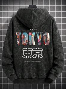 男士黑色灰色水洗紮染 TOKYO 都市街景插圖日文漢字印花寬鬆連帽衛衣，袋鼠口袋抽繩運動衫 - 黑色 - 查看 4