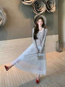 Cardigan Rajut Renda Kontras Gaya Korea, Kancing Tunggal dengan Hiasan Rumbai, Pinggang Tinggi, Potongan Ramping, Lapisan Dalam untuk Musim Gugur - Grey - View 8