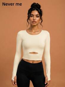 Never me Women's Sports T-Shirt Round Neck Thumb Hole Long Sleeve Top, Cropped Waist Tight Fit Base Layer - Apricot - View 1
