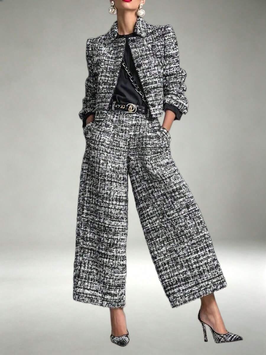 Women's Cropped Tweed Blazer & High Waist Wide Leg Pants Two Piece Matching Set, Formal Office Co Ord Outfit For Work Business Occasions - Black - View 1