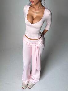 Sovereign Charm 2pcs Women's Light Pink Sports Suit Set,3/4 Sleeve Deep V Neck Top&Tied Wrap High Waist Flared Pants - Pink - View 1