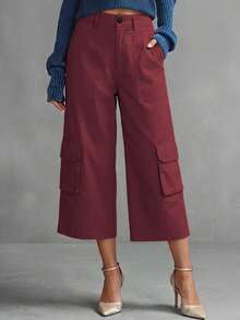 New Women's Casual Solid Color Pocket Short Cargo Pants - Burgundy - View 2