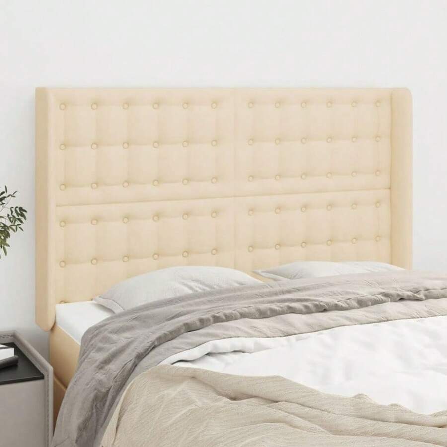 Headboard With Ears Cream 147x16x118/128 Cm Fabric - Cream - View 1