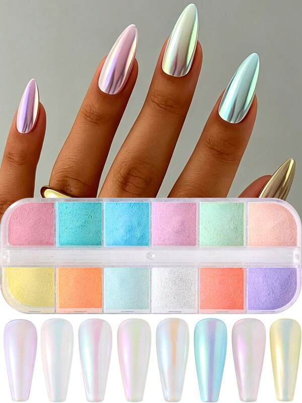 12 Grids Pastel Mermaid Aurora Nail Powder Set Iridescent Unicorn Mirror Pigment Dust Candy Color Neon Pearl Glitter Manicure Art Decorations For DIY Nails Salon UV Gel Polish Tip Accessories