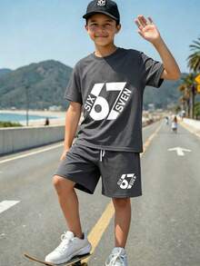 Tween Boy Numeric Print Round Neck Short Sleeve T-Shirt And Shorts Set - Dark Grey - View 1