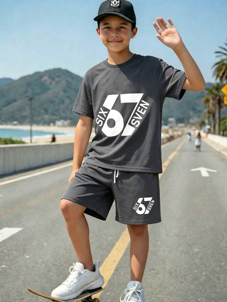 Tween Boy Numeric Print Round Neck Short Sleeve T-Shirt And Shorts Set - Dark Grey - View 1