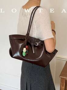 1pc Solid Color Glossy PU Fabric Shoulder Bag Women's Vintage Fashion Large Capacity Tote Bag With Strap Decor Magnetic Closure Handbag Double Handle Design Snap Closure Suitable For Travel, Shopping, Dating, Women's Gift, Suitable For Teenage Girls, College Students, Beginners And White Collar Workers, Perfect For Office, College, Work, Business, Commuting, Outdoor, Travel, Outing (Sold With Pendant) - Coffee - View 8