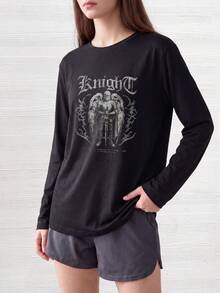 Knight Text Above Winged Armored Figure Holding Sword With Ornate Decorative Elements On Black Fabric Fall Women Clothes - Black - View 2