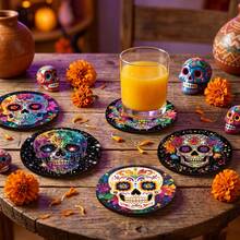 1pc Day Of The Dead Flower Sugar Skull Drink Coaster, Round Ceramic Coaster, Skull And Flower Pattern, Suitable For Coffee Cups, Beer Cups, And Kitchen And Dining Room Home Decoration - Multicolor - View 6